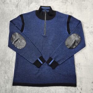 Robert Graham Sweater Mens Large 1/4 Zip Wool Blue Golf‎ Preppy Elbow Patches